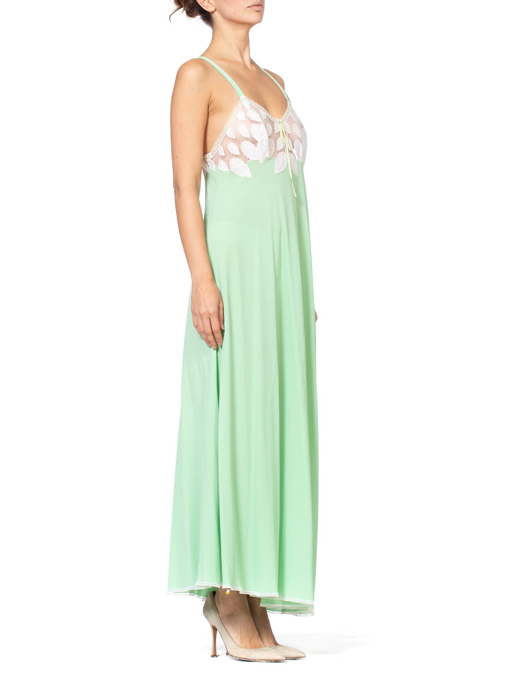 1970S Mint Green Polyester Jersey & White Lace Negligee Slip Dress 1