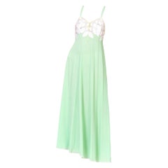 1970S Mint Green Polyester Jersey & White Lace Negligee Slip Dress