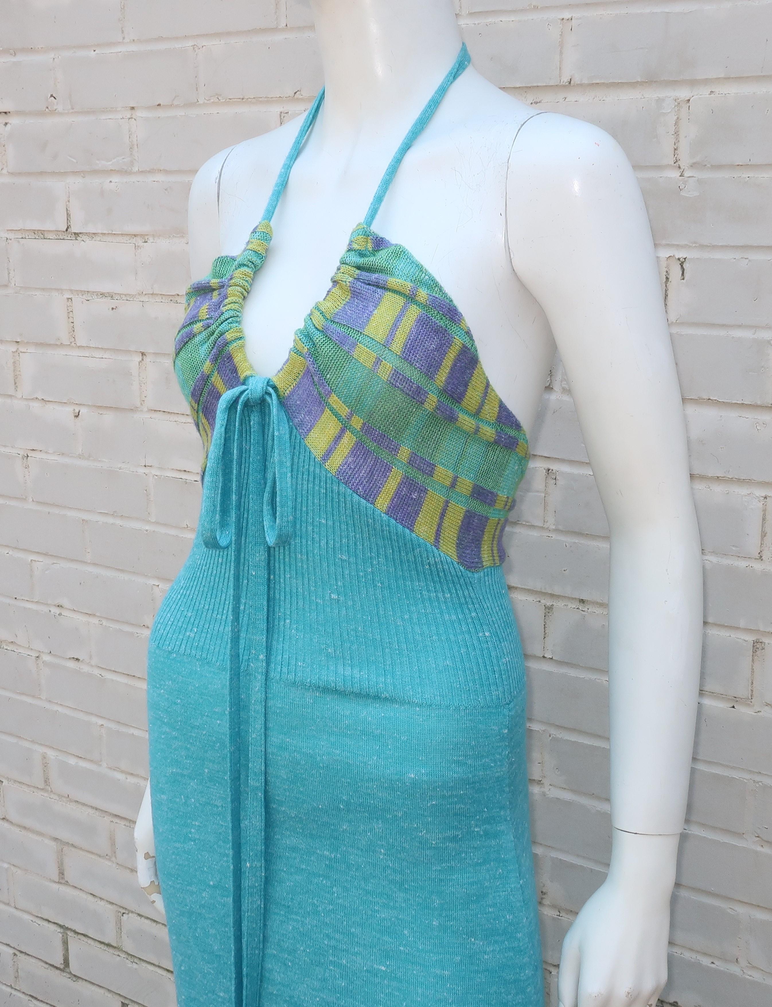 Blue 1970's Italian Knit Halter Maxi Dress & Jacket