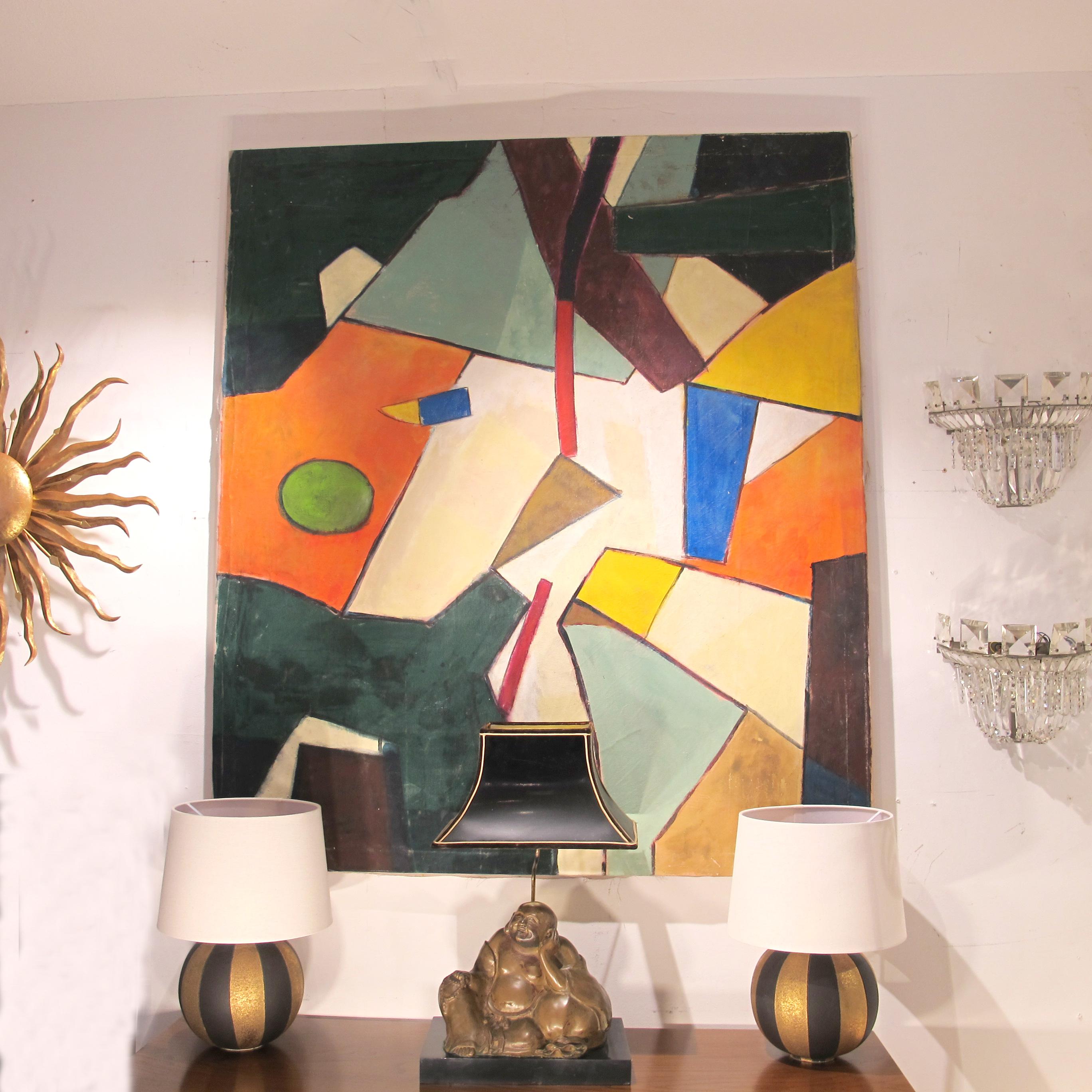 Attraente olio astratto su tela italiano vintage degli anni '70. Caratterizzato da audaci forme geometriche, colori vivaci e forti linee moderniste, questo grande quadro della metà del secolo scorso è un pezzo forte. Perfetto come complemento