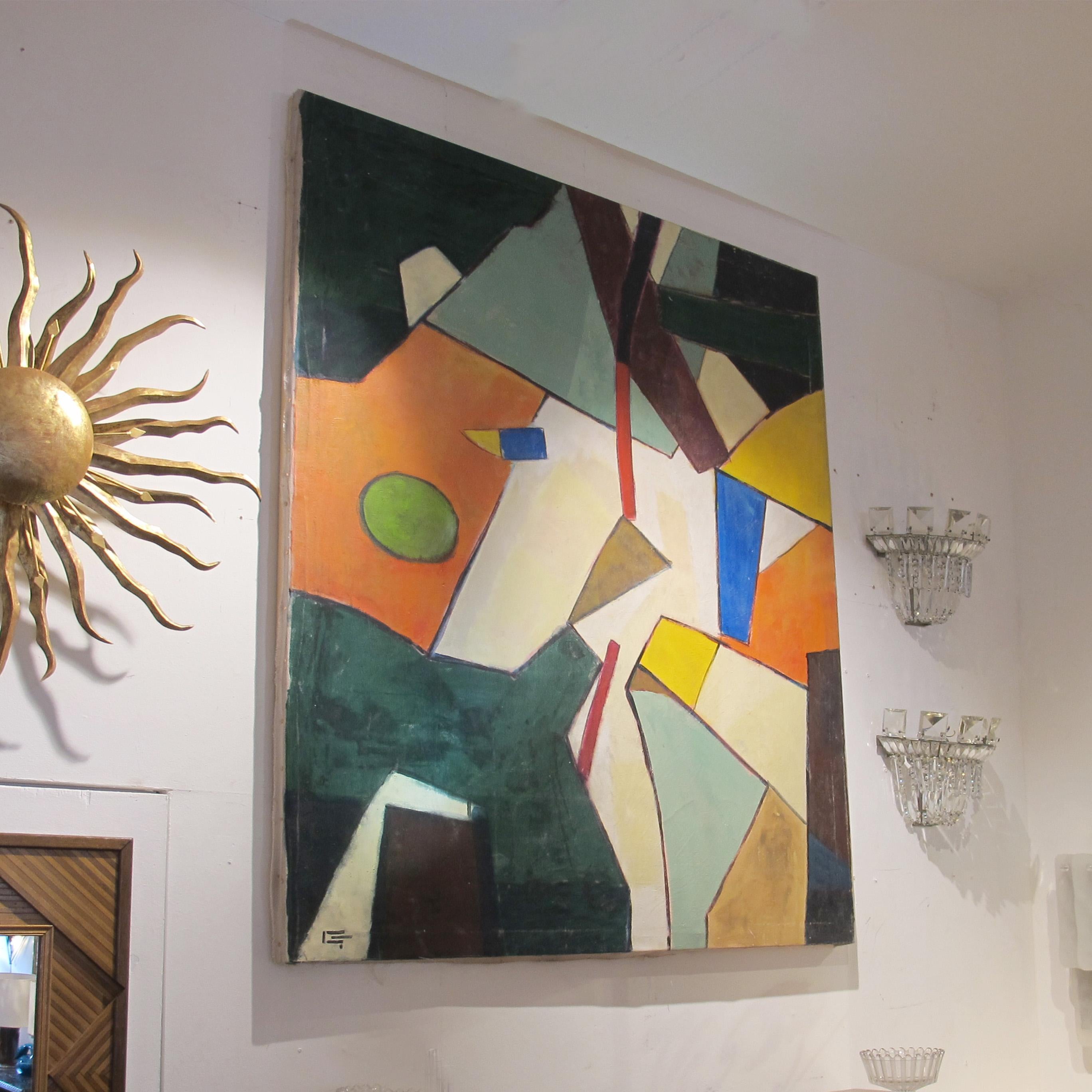 Mid-Century moderno Olio su tela astratto geometrico di grandi dimensioni degli anni '70 in Italia in vendita