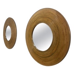 1970s Italian Large Circular Rattan and Brass Wall Mirror