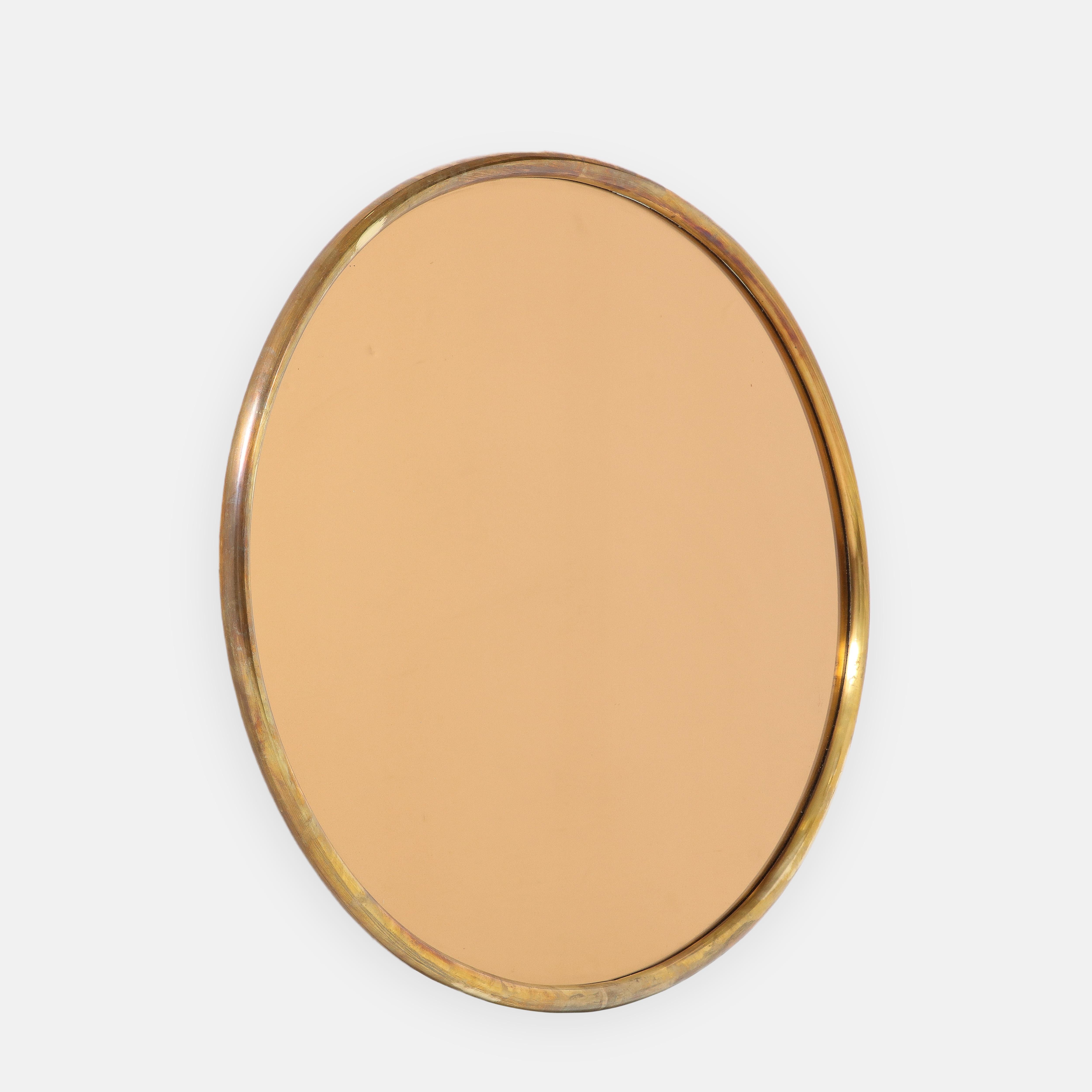 Mid-Century Modern 1970s Italian Large Oval Brass Rose Gold Mirror For Sale