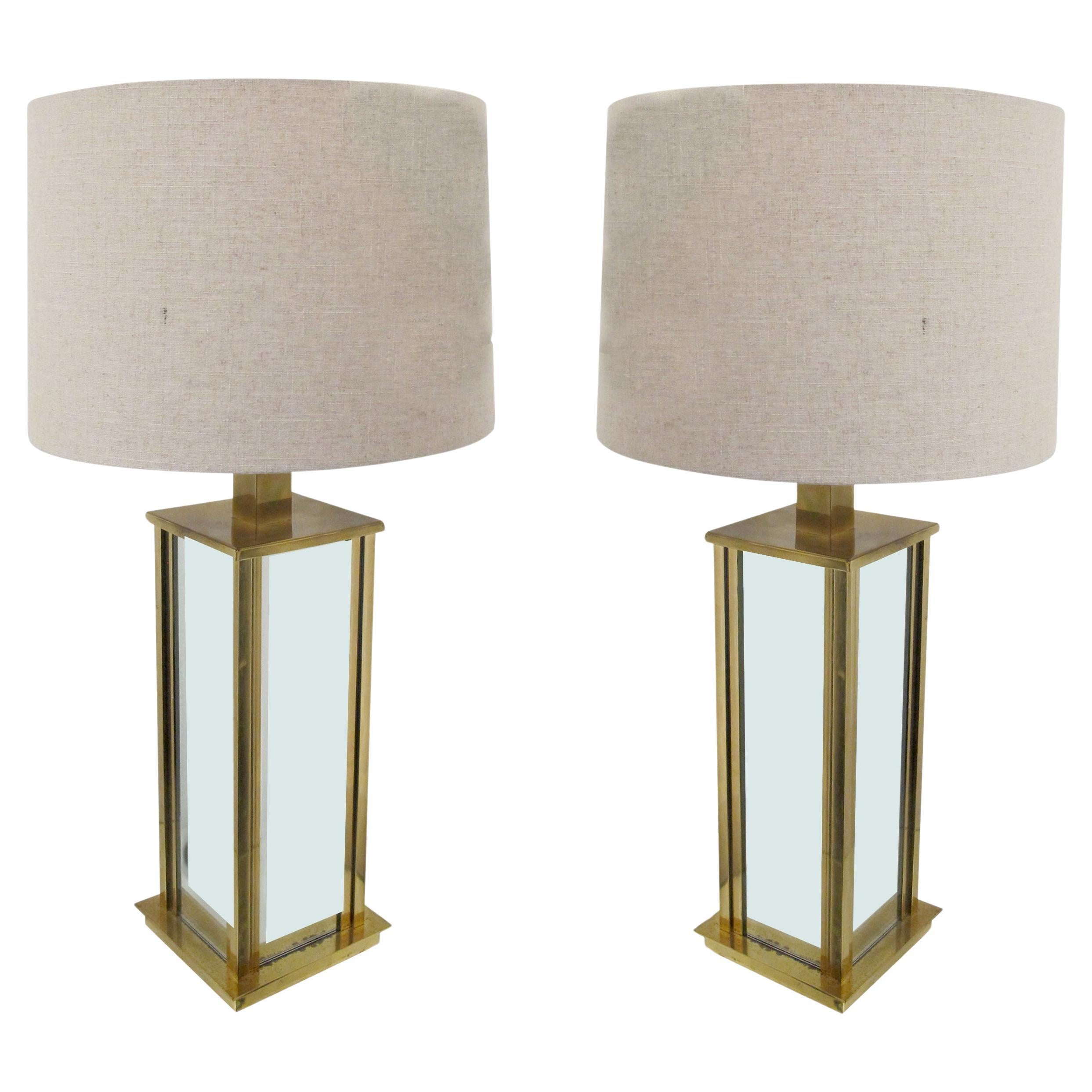 1970s Italian Large Pair of Brass and Mirrored Table Lamps