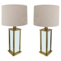 Vintage 1970s Italian Large Pair of Brass and Mirrored Table Lamps