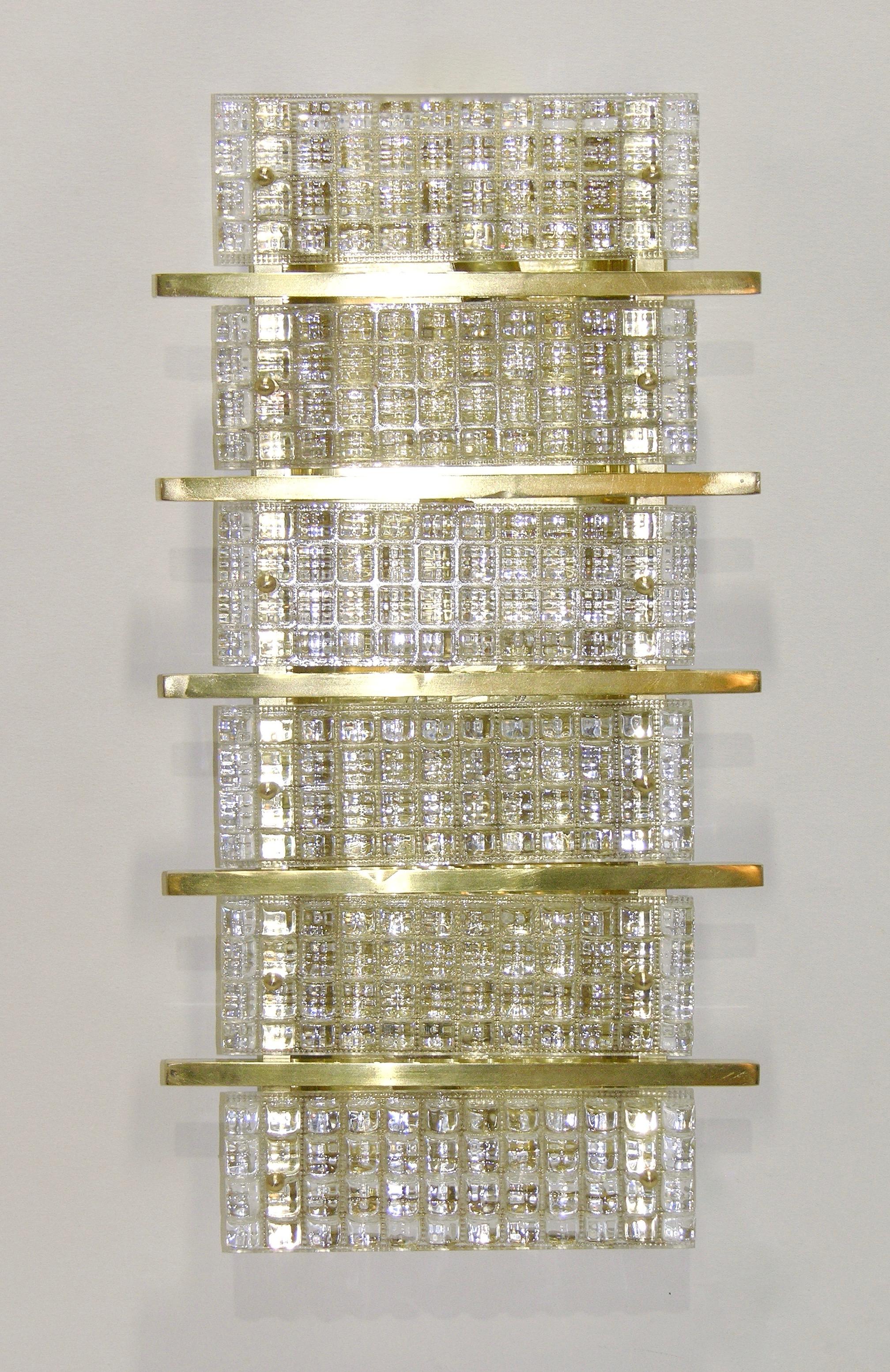 Hand-Crafted 1970s Italian Large Rectangular Brass and Clear Crystal Murano Glass Sconces