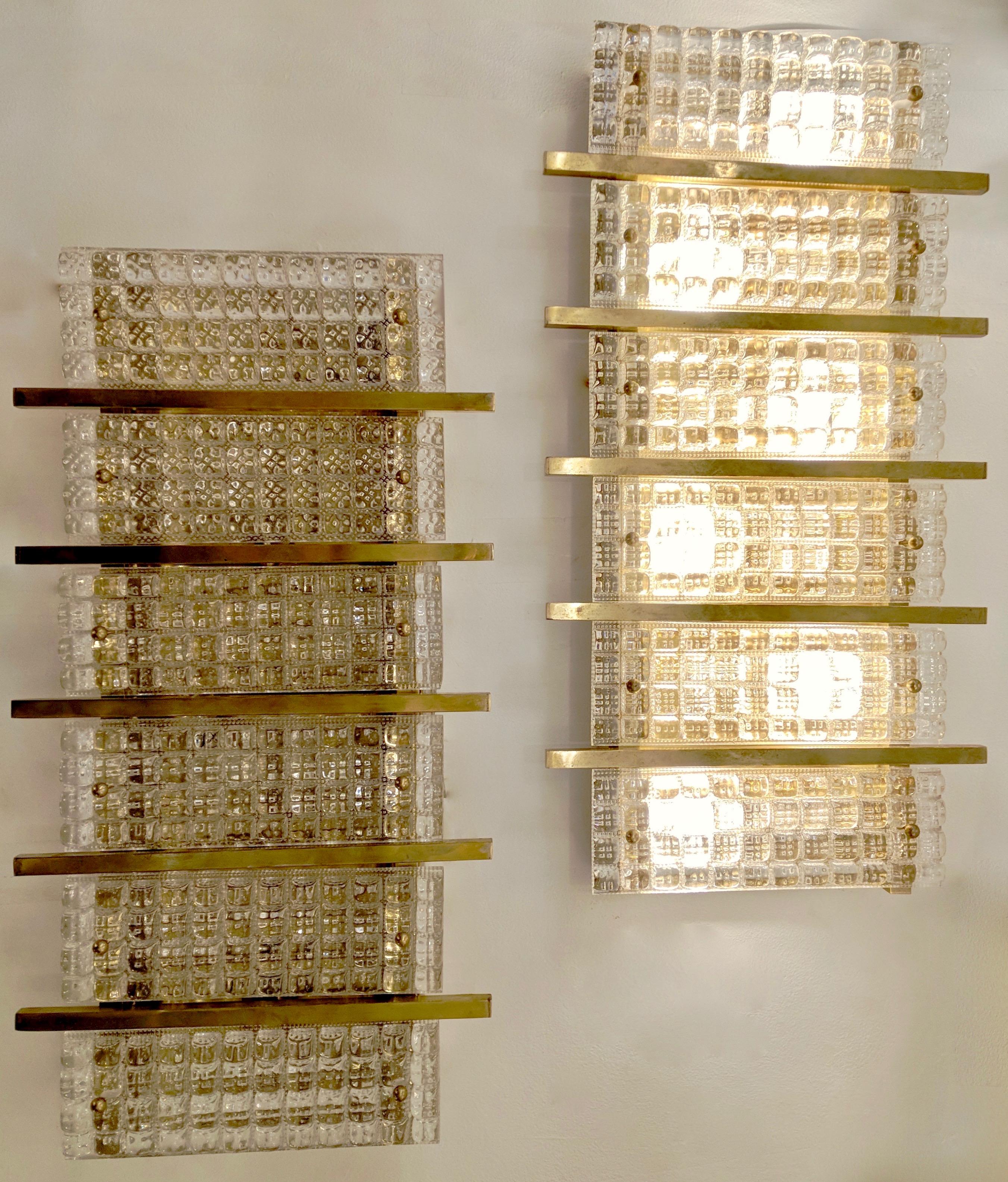 Late 20th Century 1970s Italian Large Rectangular Brass and Clear Crystal Murano Glass Sconces