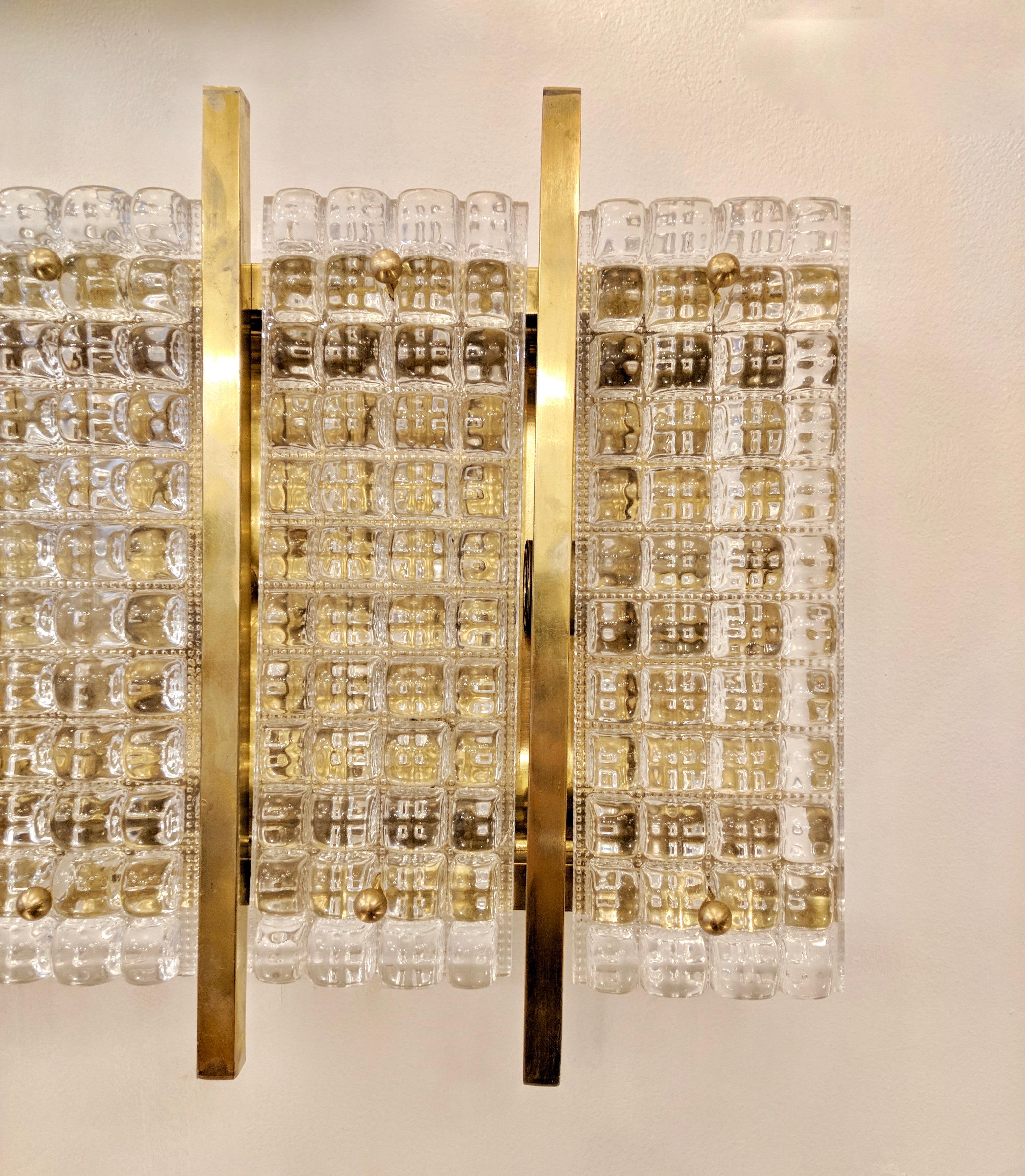 1970s Italian Large Rectangular Brass and Clear Crystal Murano Glass Sconces 1