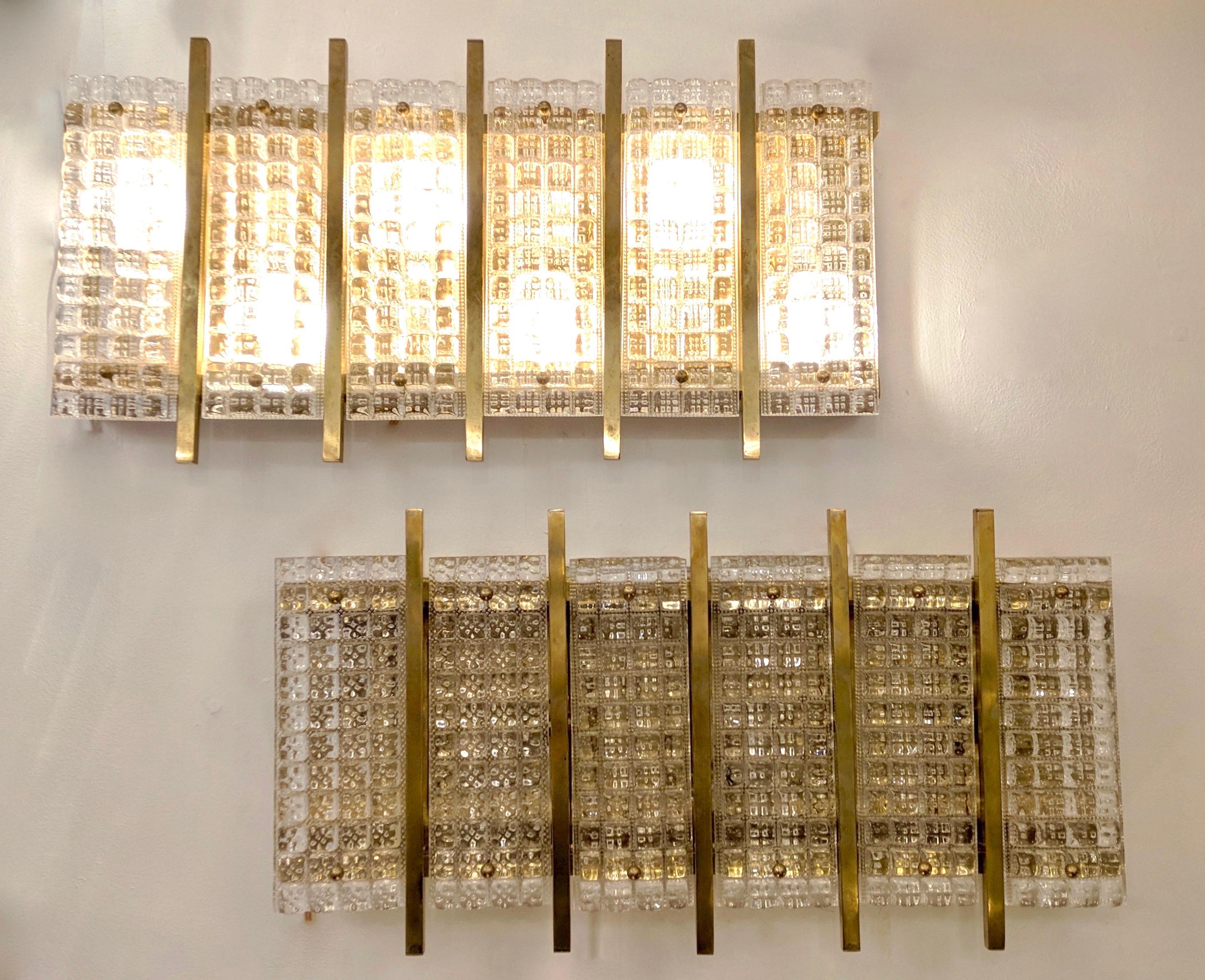 1970s Italian Large Rectangular Brass and Clear Crystal Murano Glass Sconces 2