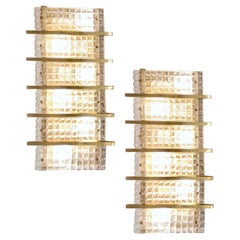 1970s Italian Large Rectangular Brass and Clear Crystal Murano Glass Sconces
