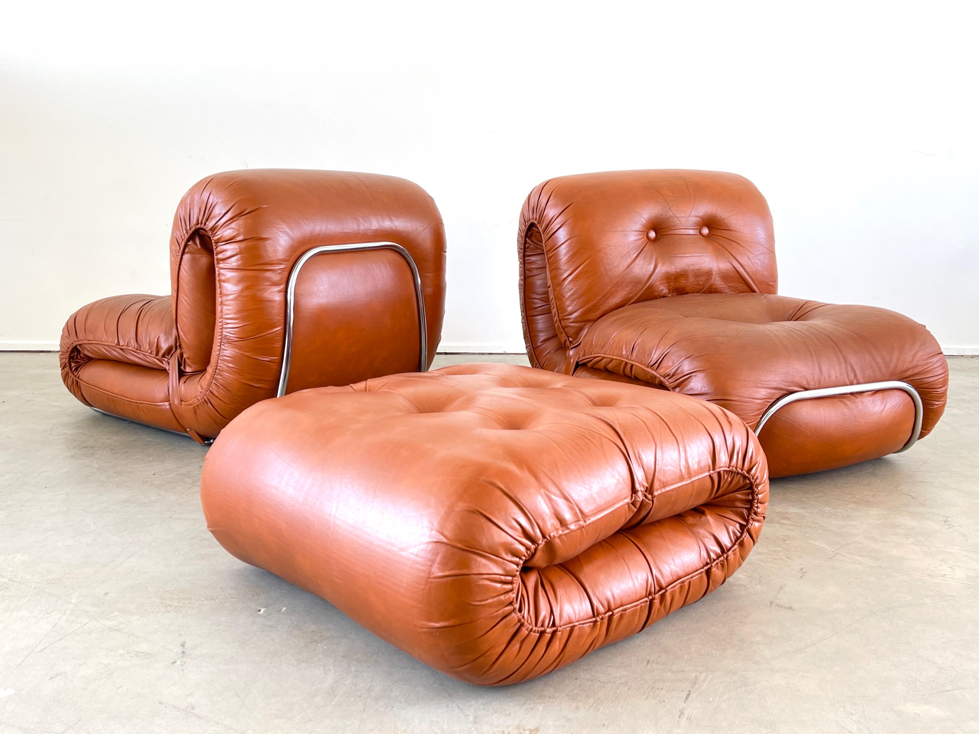 1970's Italian Leather Lounge Chairs & Ottoman 10