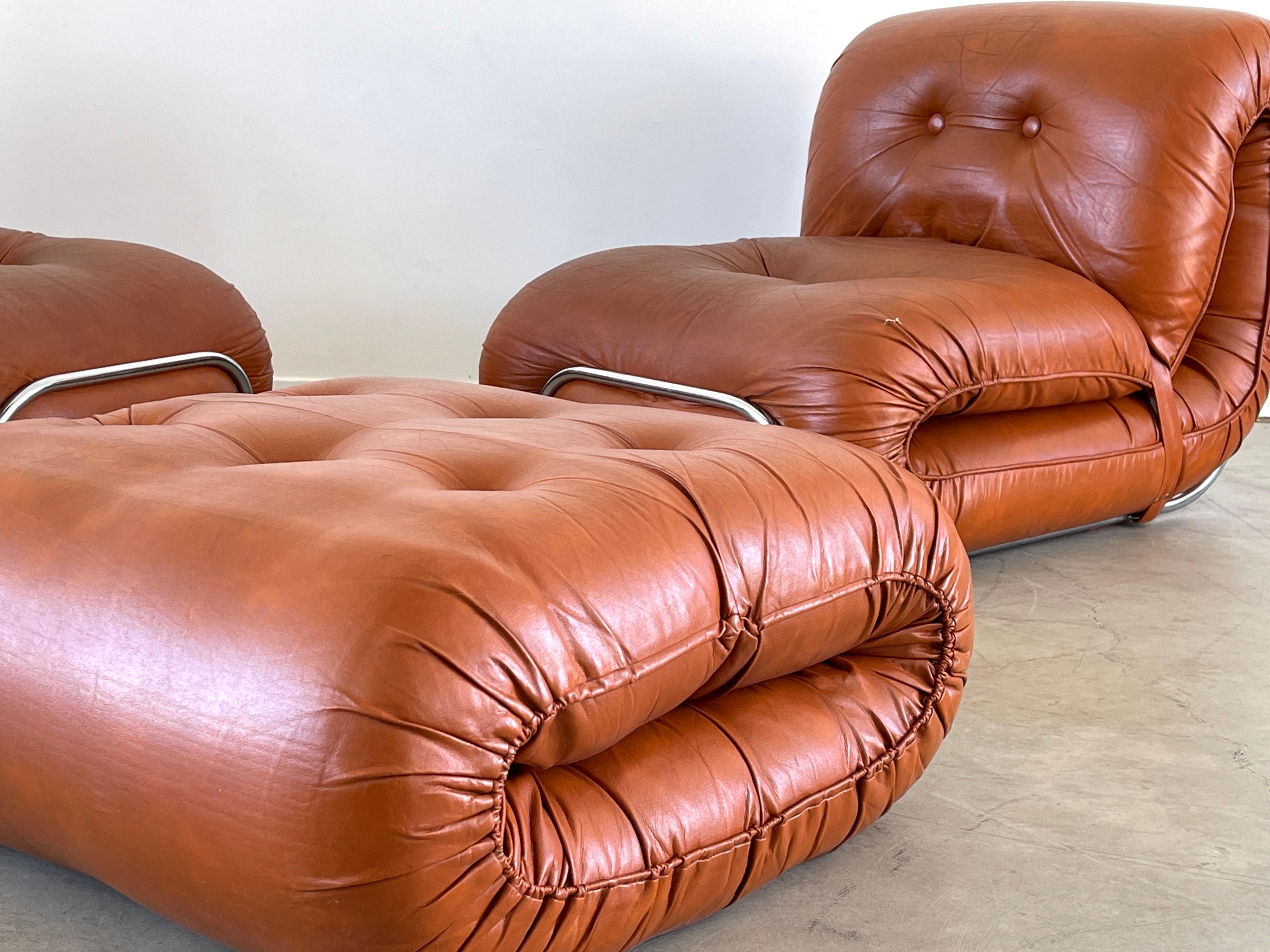 Late 20th Century 1970's Italian Leather Lounge Chairs & Ottoman