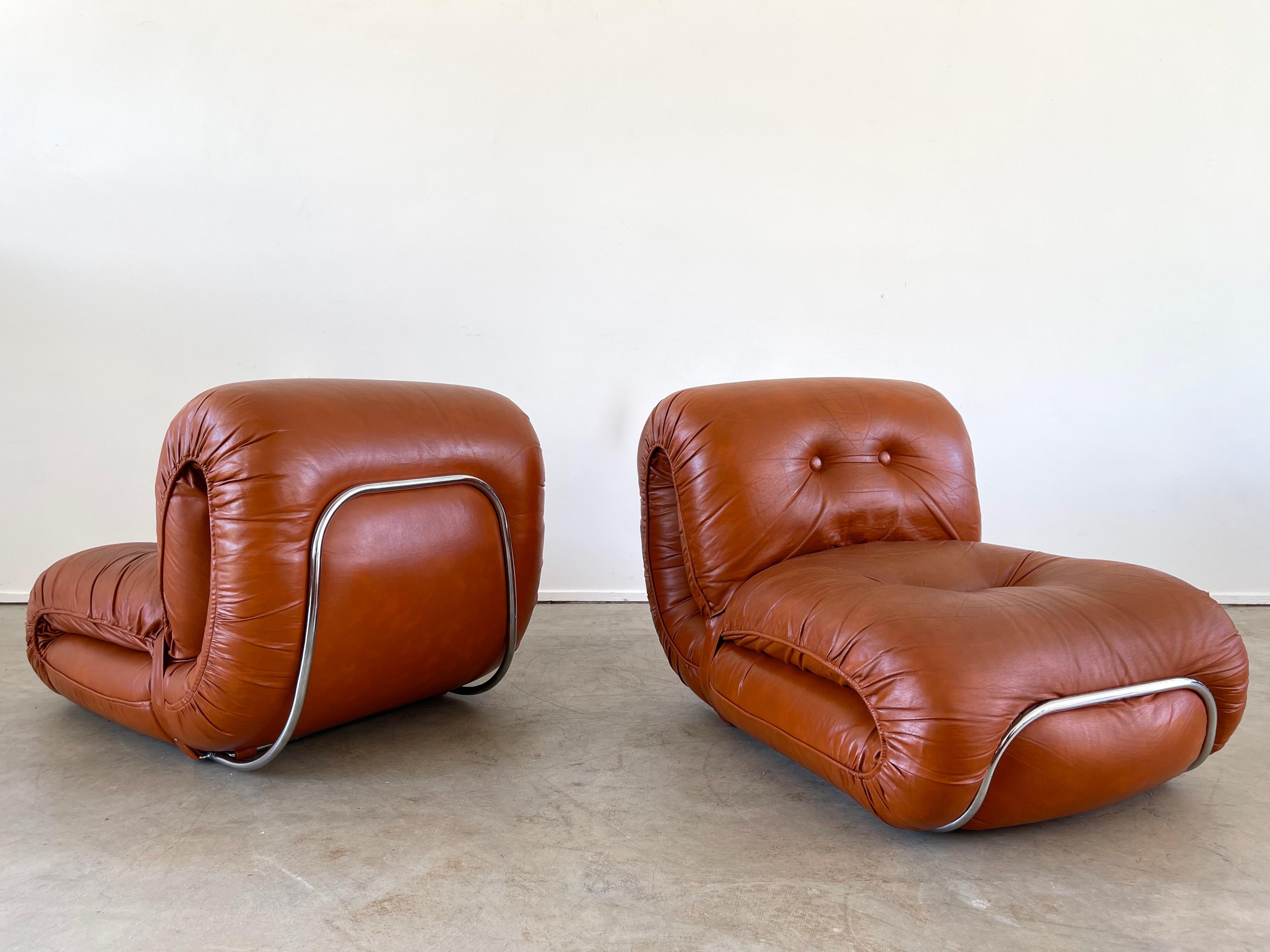 1970's Italian Leather Lounge Chairs & Ottoman 5