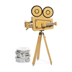 Vintage 1970s Italian Life Size Leather Camera Sculpture with Chrome Reels