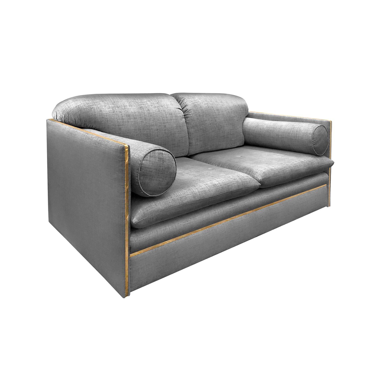 1970s Italian Loveseat with Bolster Cushions and Brass Profile