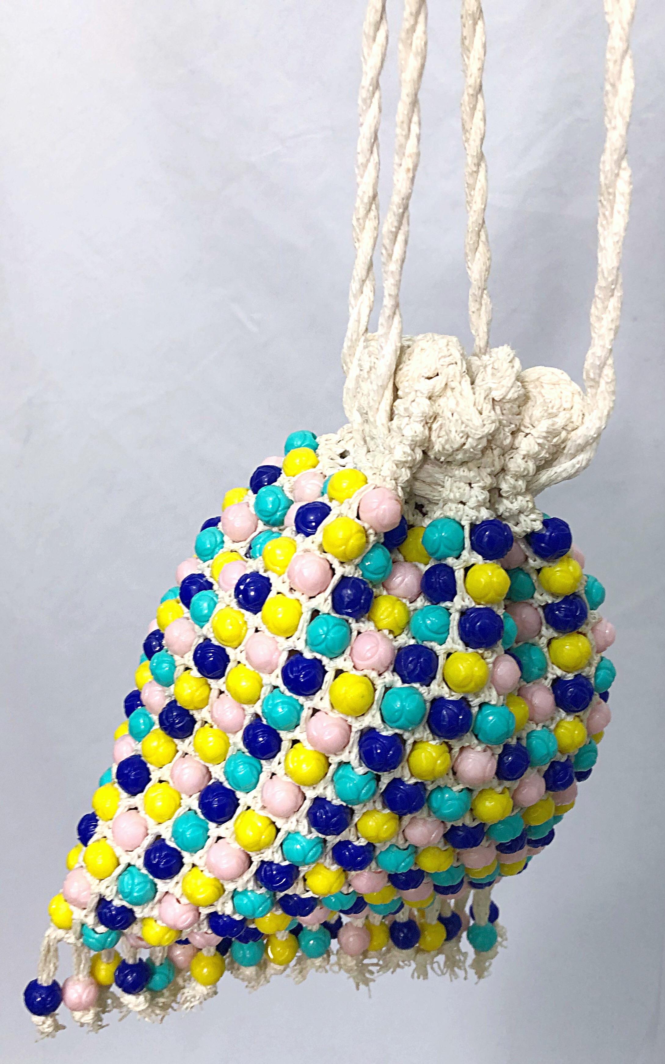 1970s Italian Made Ivory + Blue + Yellow Crochet Vintage 70s Handbag Purse Bag 6