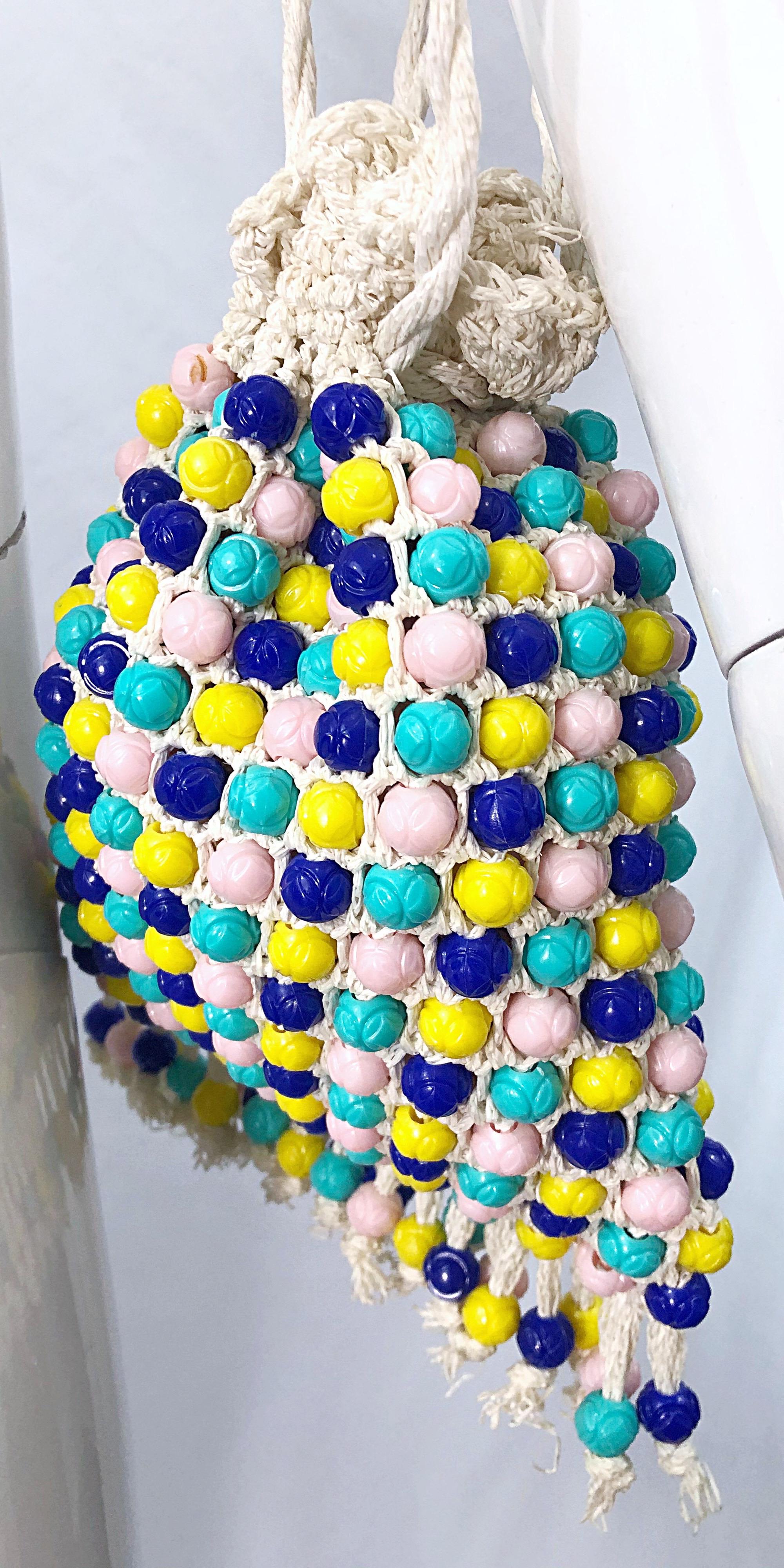1970s Italian Made Ivory + Blue + Yellow Crochet Vintage 70s Handbag Purse Bag 9