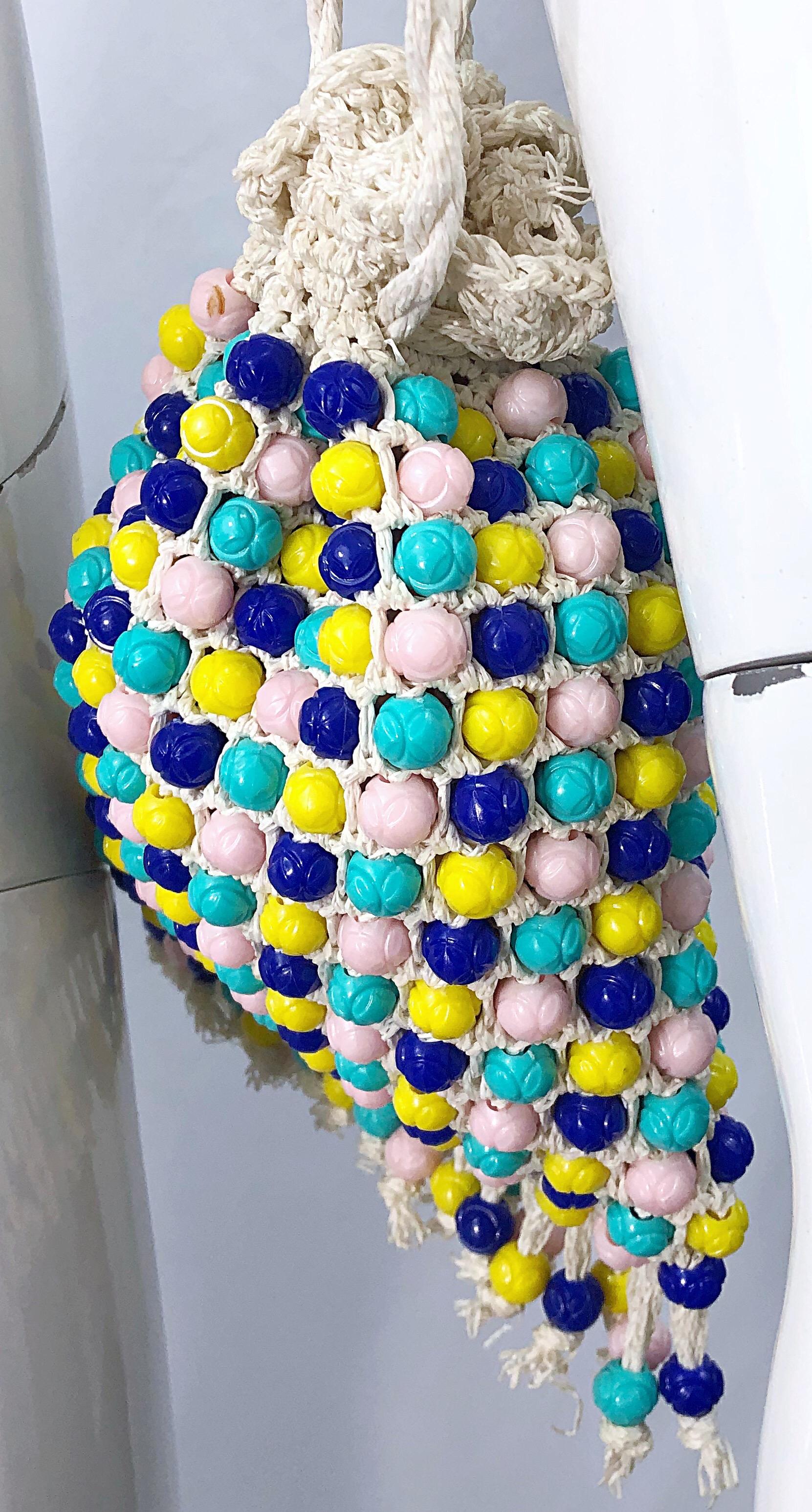 Beige 1970s Italian Made Ivory + Blue + Yellow Crochet Vintage 70s Handbag Purse Bag