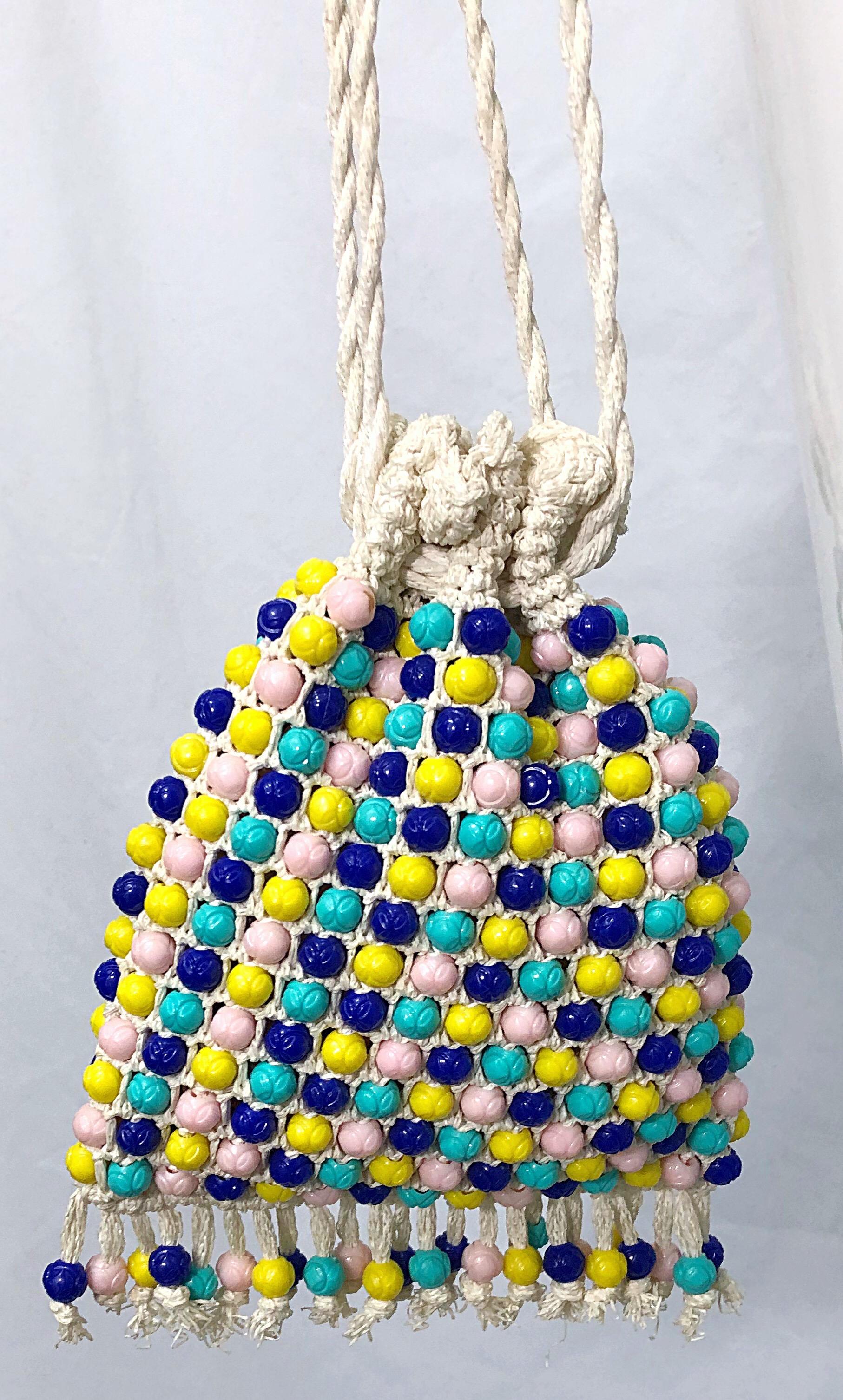 1970s Italian Made Ivory + Blue + Yellow Crochet Vintage 70s Handbag Purse Bag 3