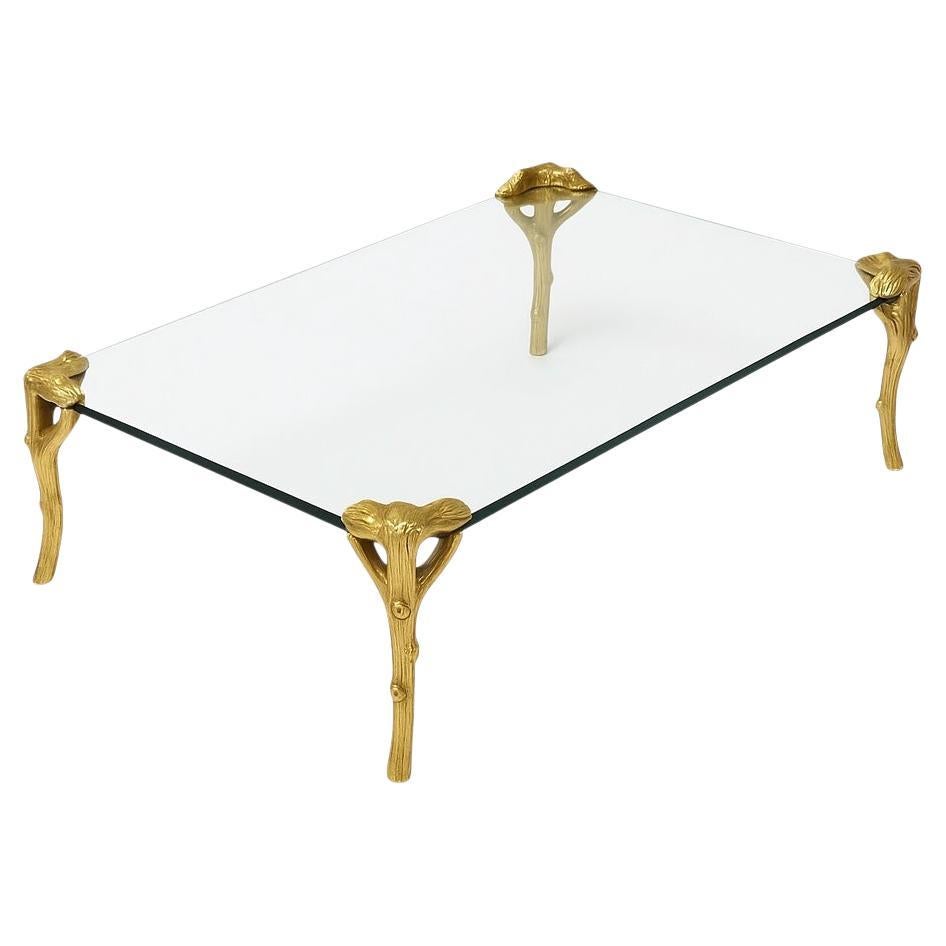 1970s Italian Maison Jansen Inspired Gilt Metal Faux Bois Glass Top Coffee Table