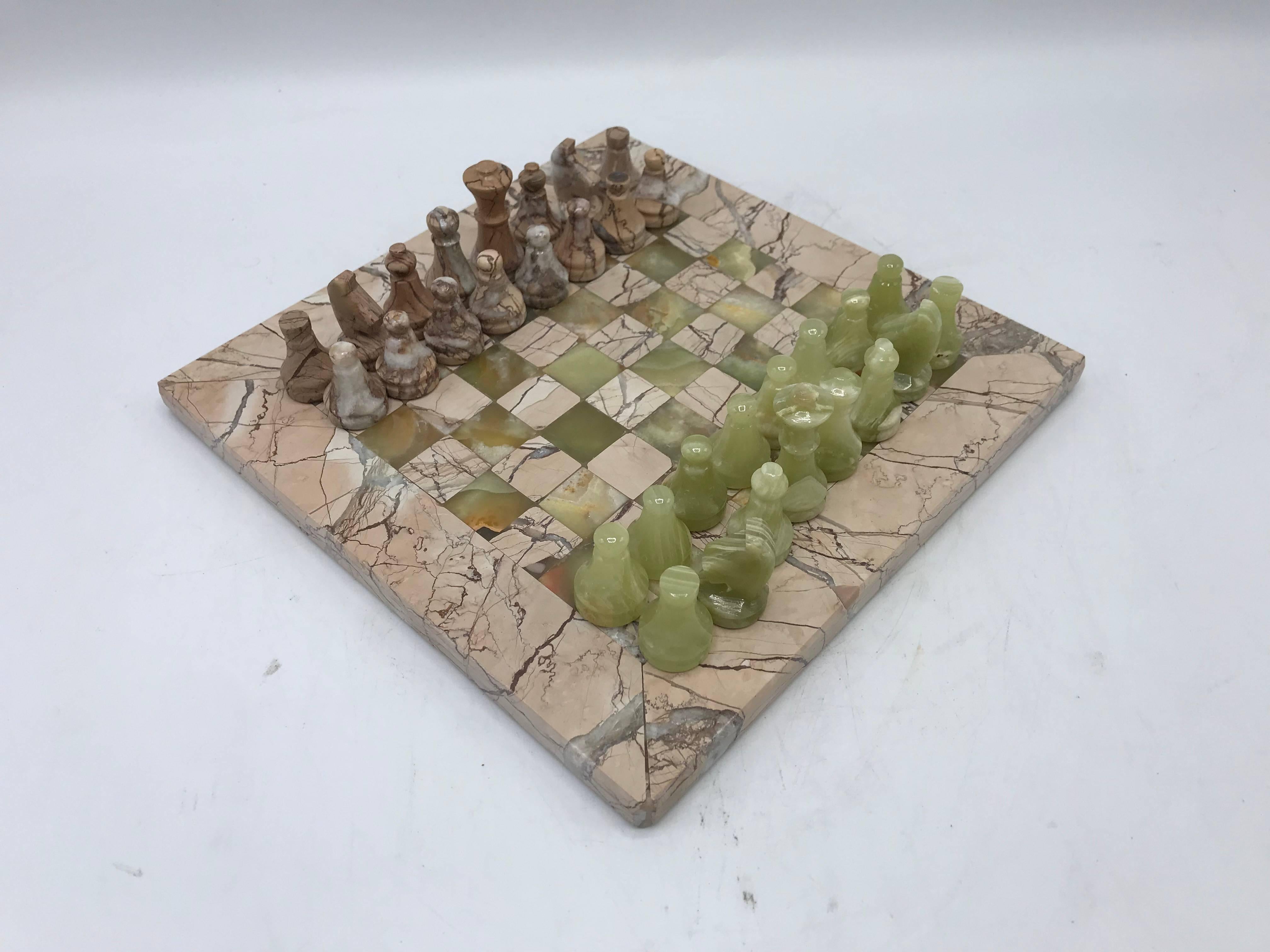 Offered is a fabulous, 1970s Italian marble and onyx chess set. Set includes all pieces. Heavy. Pieces vary in size, from 0.75in to 1.75in each.