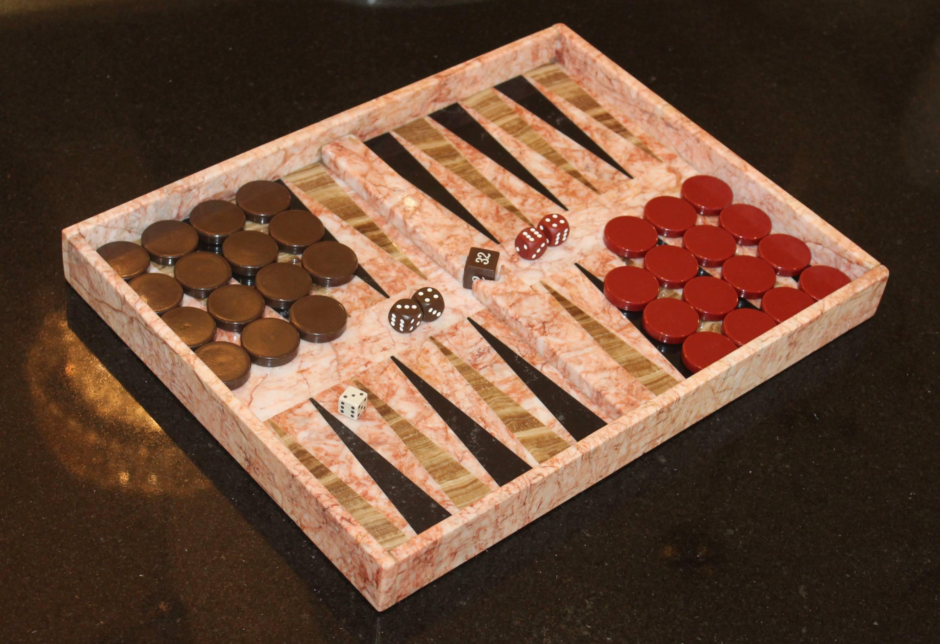 1970s modern Italian marble and onyx inlay backgammon set.