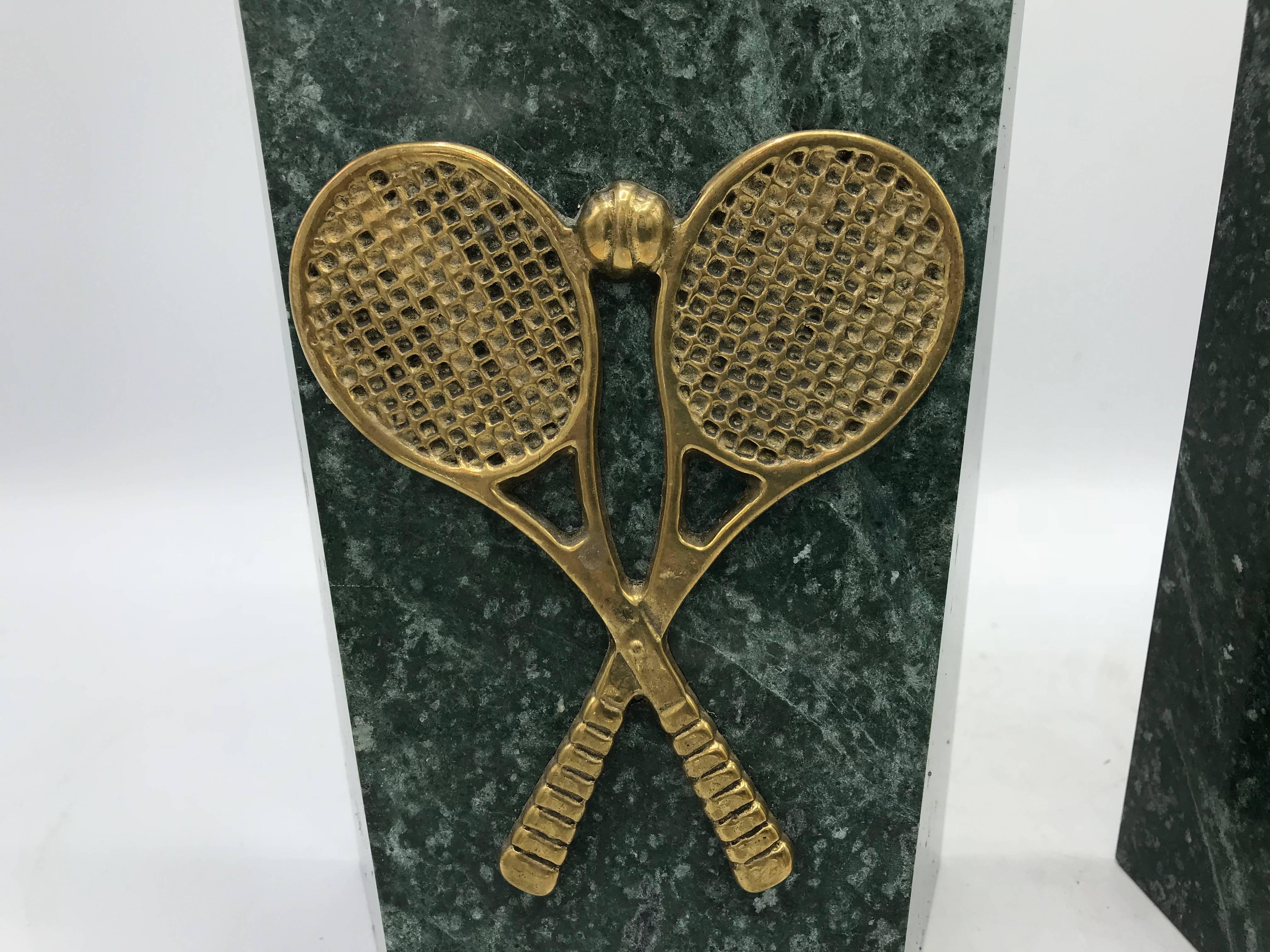 1970s Italian Marble Bookends with Brass Tennis Racket Motif, Pair In Good Condition For Sale In Richmond, VA
