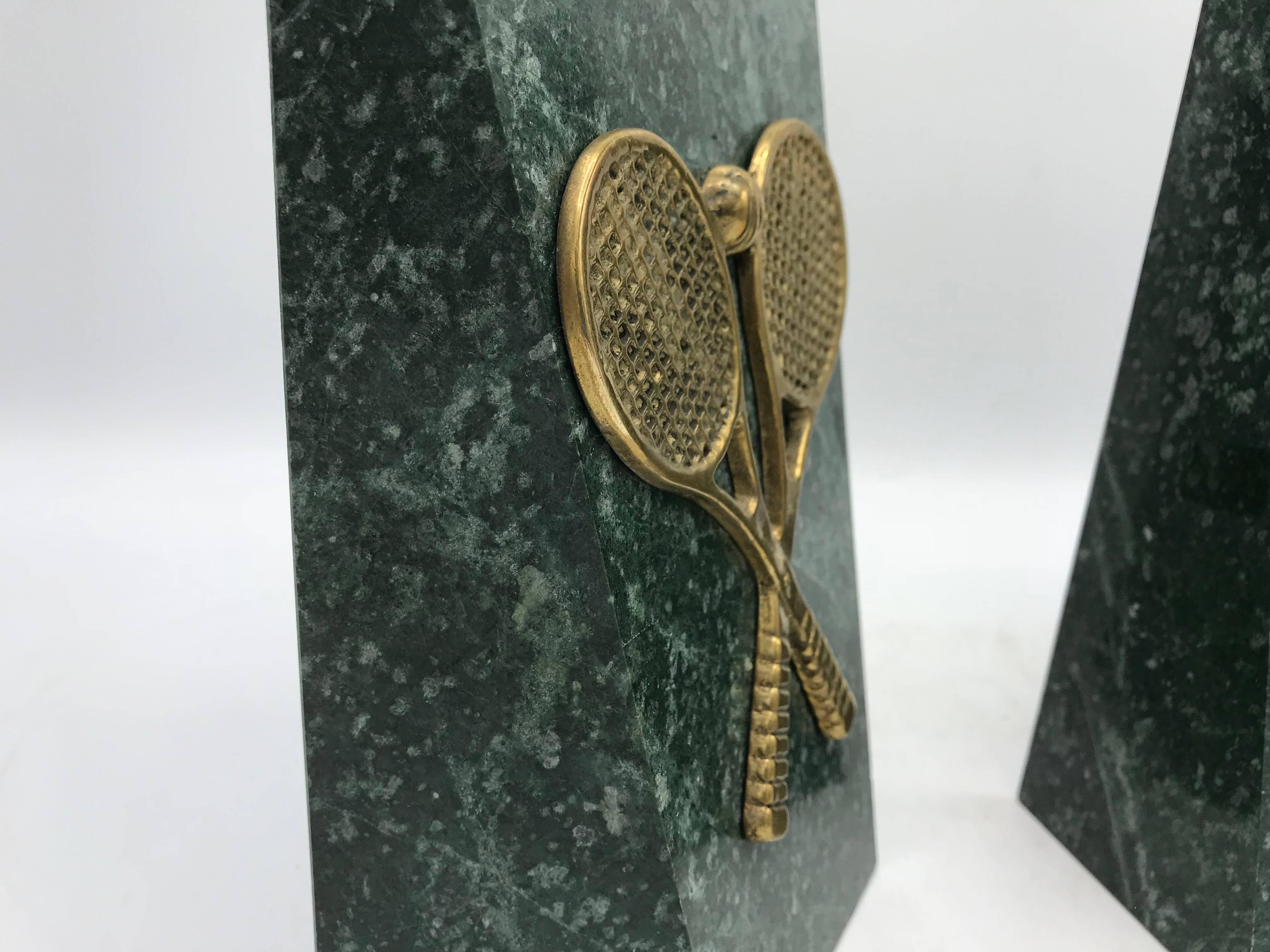 20th Century 1970s Italian Marble Bookends with Brass Tennis Racket Motif, Pair For Sale