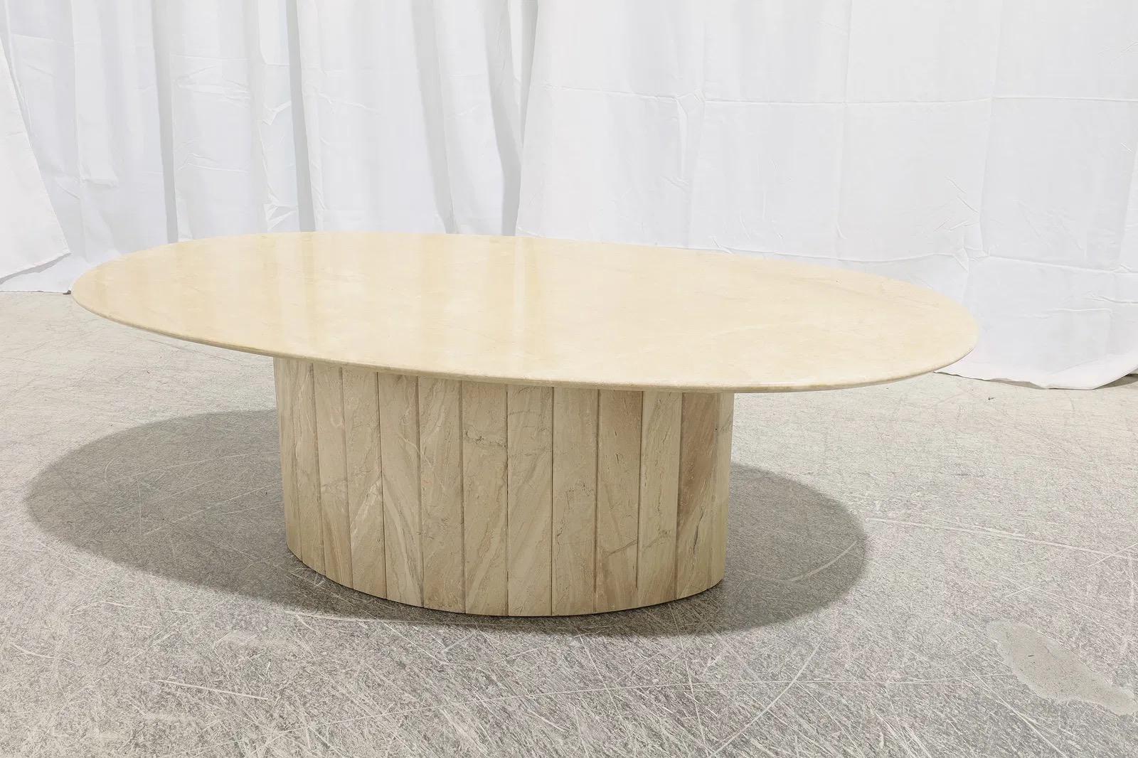 Mid-Century Modern 1970s Italian Marble Coffee Table With Faceted Base and Oval Top For Sale