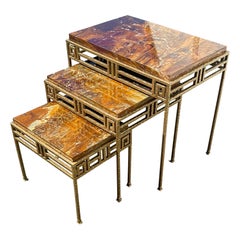 Vintage 1970s Italian Marble Iron Nesting or Side Tables, Set of 3