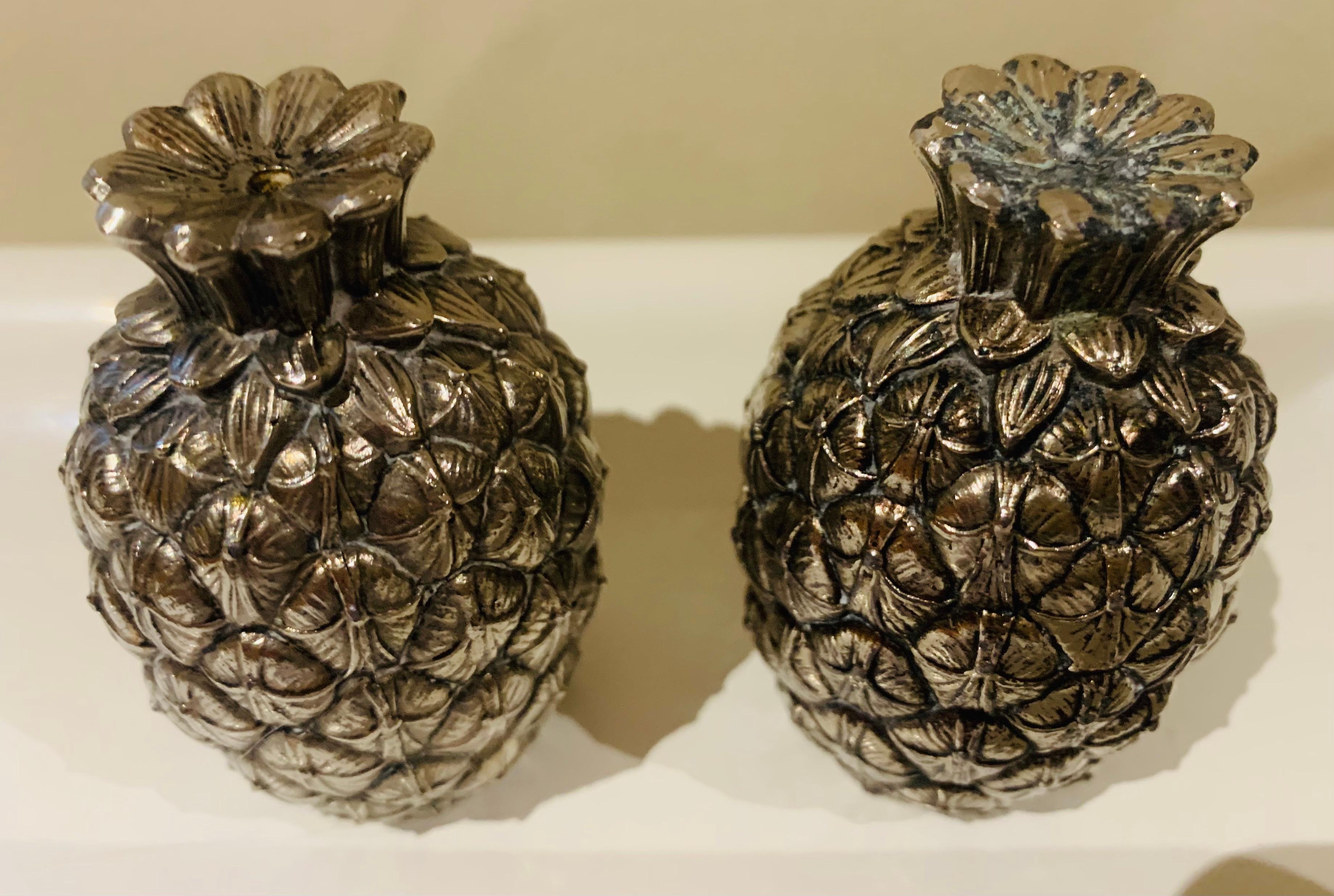 Polished 1970s Italian Mauro Manetti Firenze Silver-Plate Pineapple Salt & Pepper Shakers For Sale