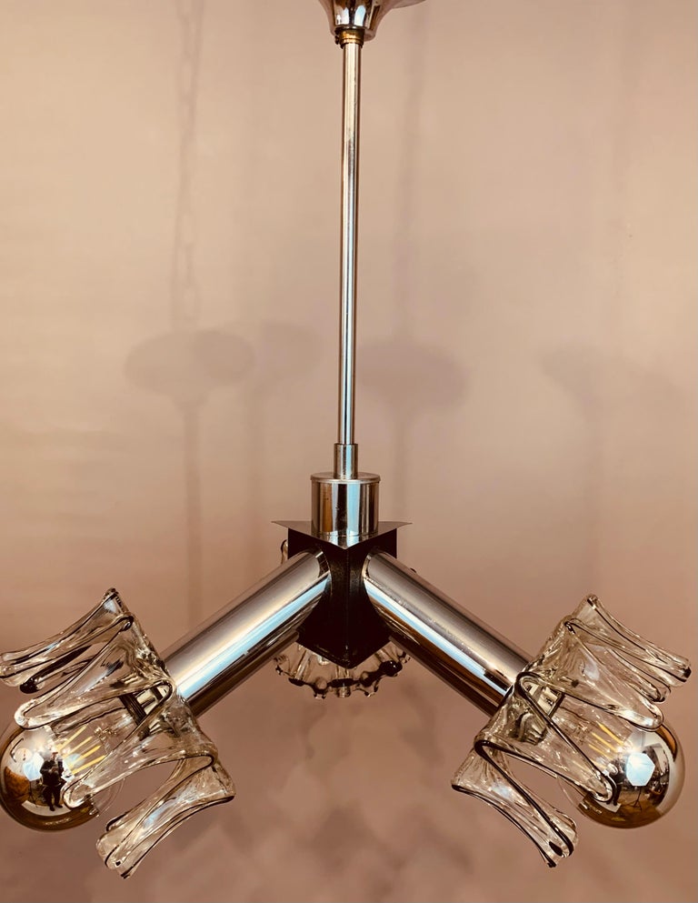 1970s Italian Mazzega Murano Space Age Spiked Glass & Chrome Ceiling Light For Sale 4