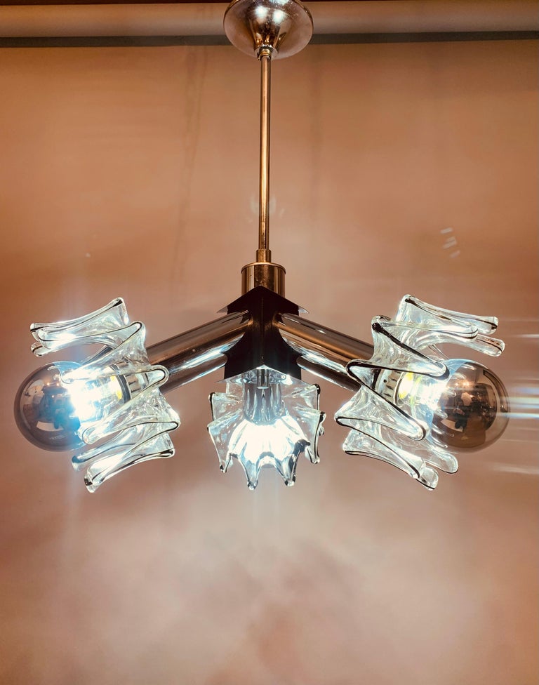 Mid-Century Modern 1970s Italian Mazzega Murano Space Age Spiked Glass & Chrome Ceiling Light For Sale