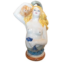 Vintage 1970s Italian Mermaid Figure Hand Painted "Botijo" Earthenware Water Jug
