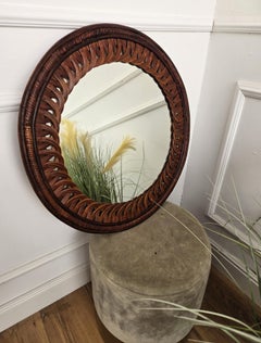 1970s Italian Mid-Century Designer Round Wood Wall Mirror