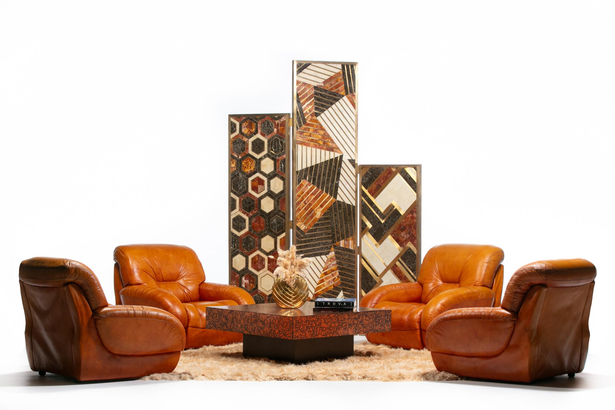 1970s Italian Mid Century Modern Plush Carmel Leather Club Chairs For Sale 13