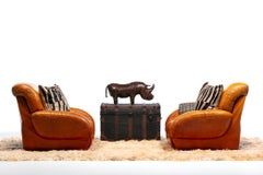 1970s Italian Mid Century Modern Plush Carmel Leather Club Chairs