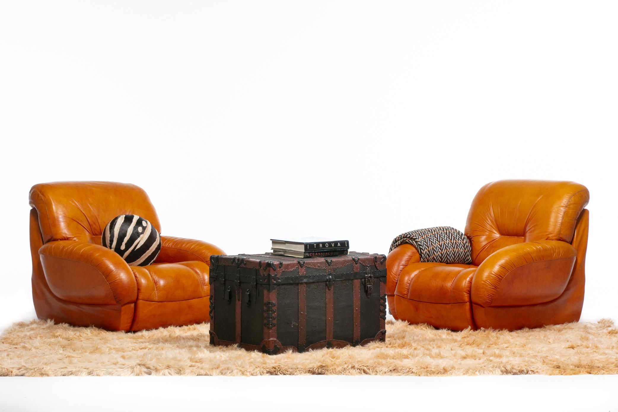 Mid-Century Modern 1970s Italian Mid Century Modern Plush Carmel Leather Club Chairs For Sale
