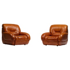 1970 Italian Mid Century Modern Plush Carmel Leather Club Chairs
