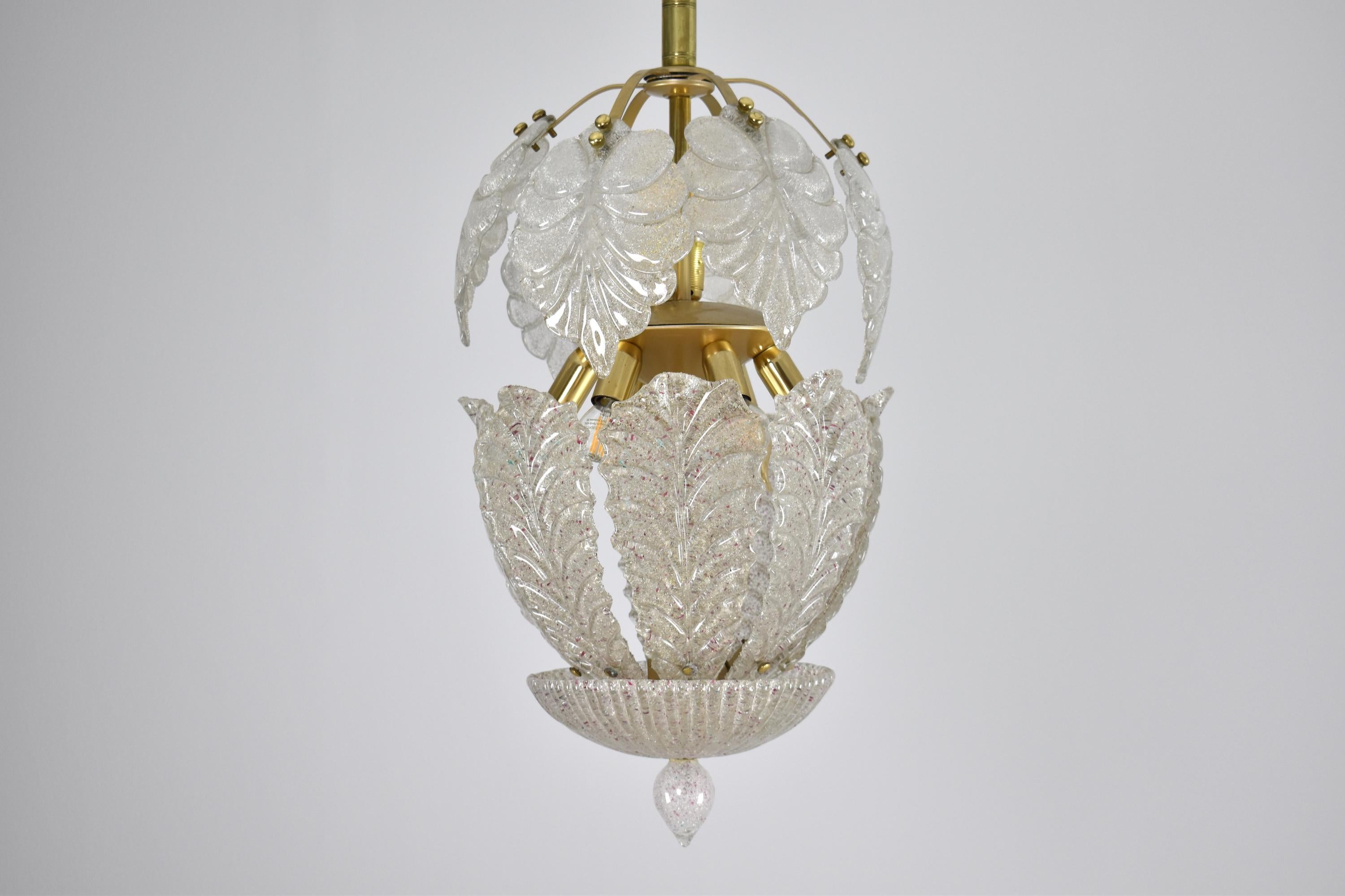 Brass 1970s Italian Midcentury Murano Glass Leaf Pendant 