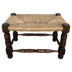 1970s Italian Midcentury Carved Wood and Cord Woven Rope Stool