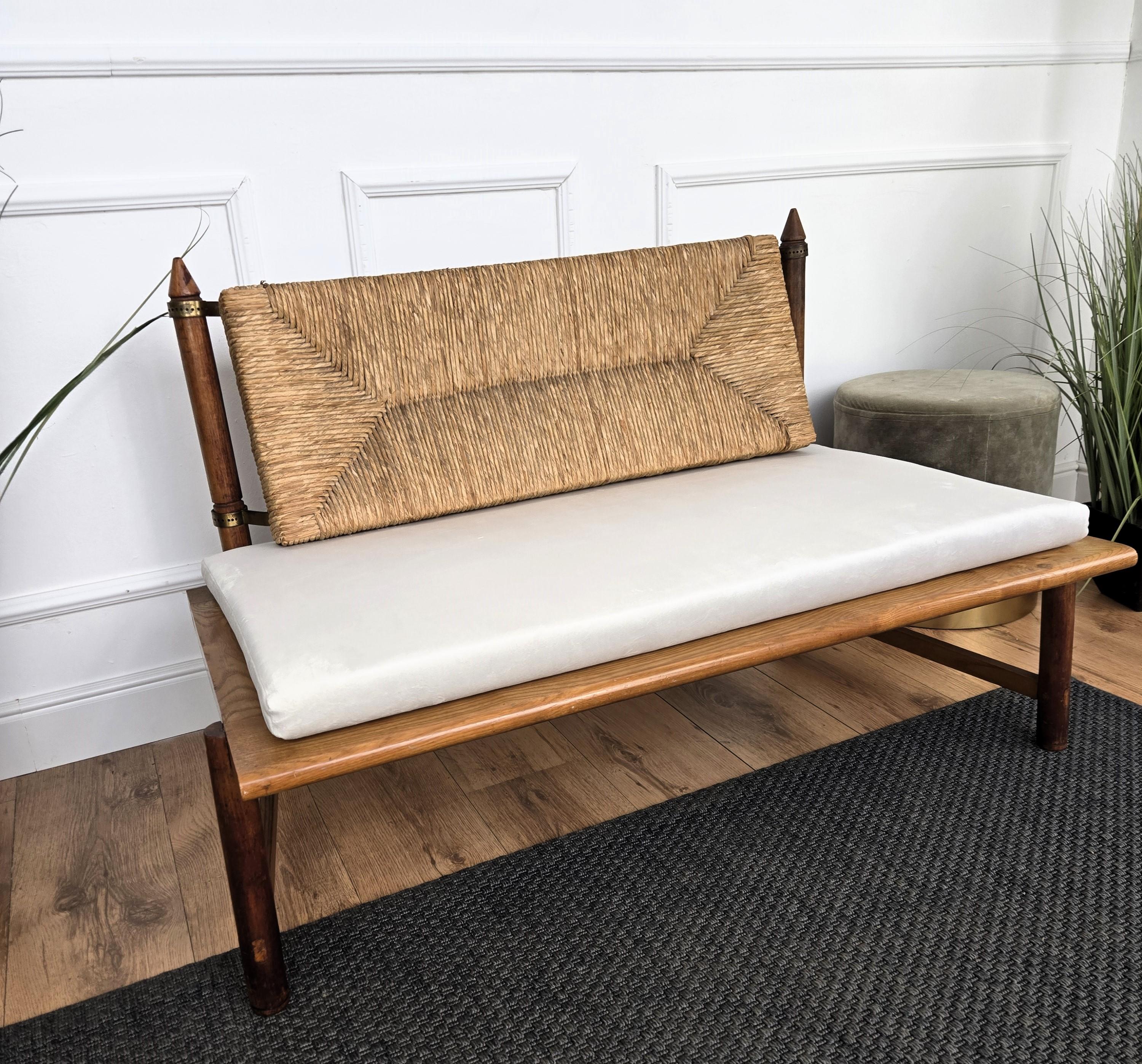 Mid-Century Modern 1970s Italian Midcentury Carved Wood Brass Cord Woven Rope Lounge Bench Sofa For Sale