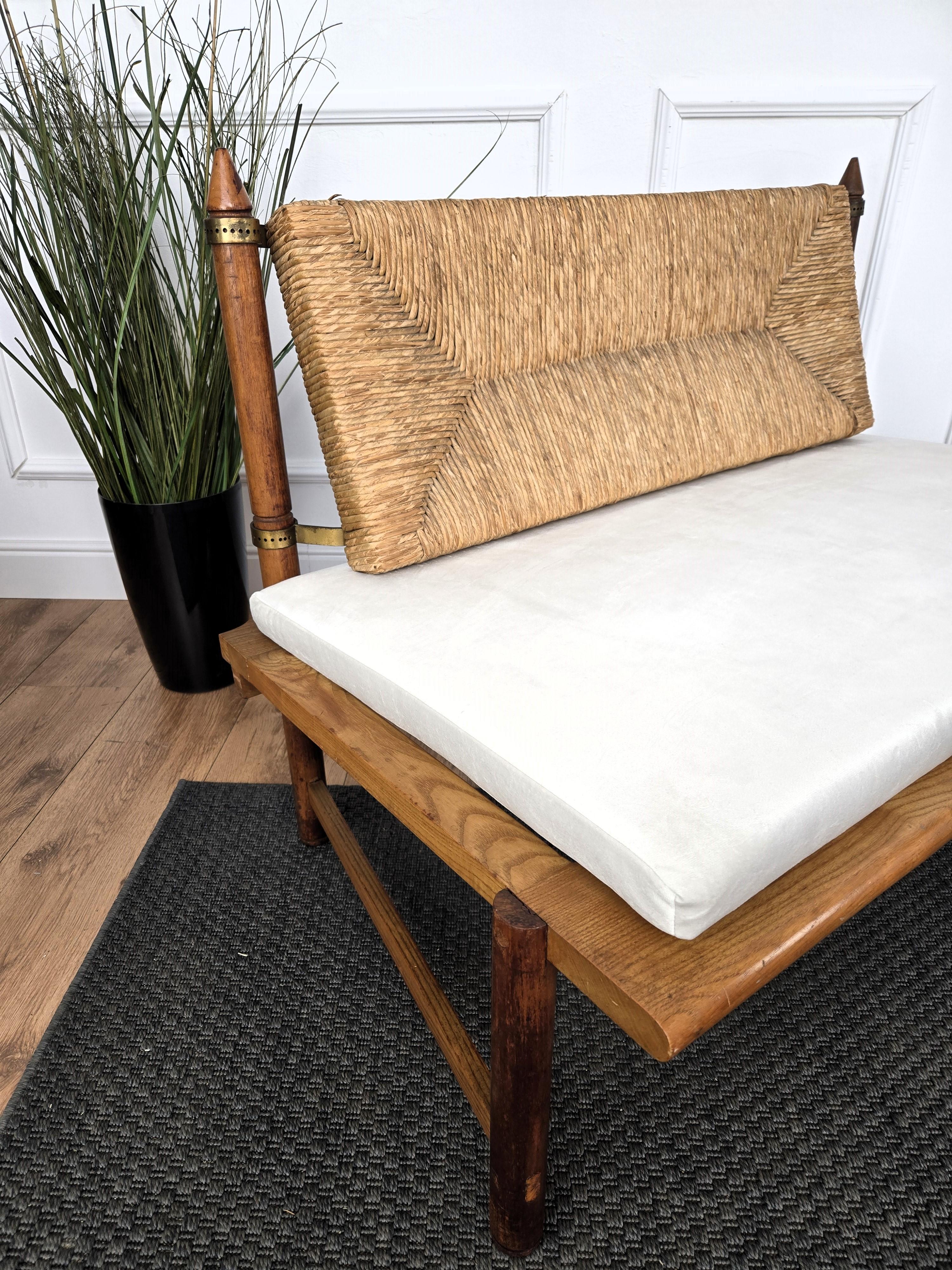 20th Century 1970s Italian Midcentury Carved Wood Brass Cord Woven Rope Lounge Bench Sofa For Sale