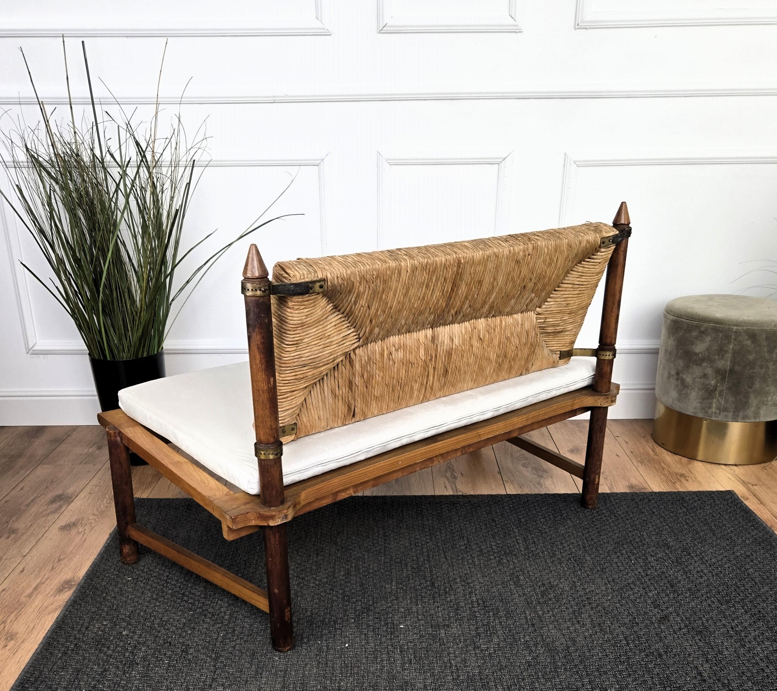 1970s Italian Midcentury Carved Wood Brass Cord Woven Rope Lounge Bench Sofa For Sale 2