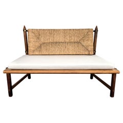 1970s Italian Midcentury Carved Wood Brass Cord Woven Rope Lounge Bench Sofa