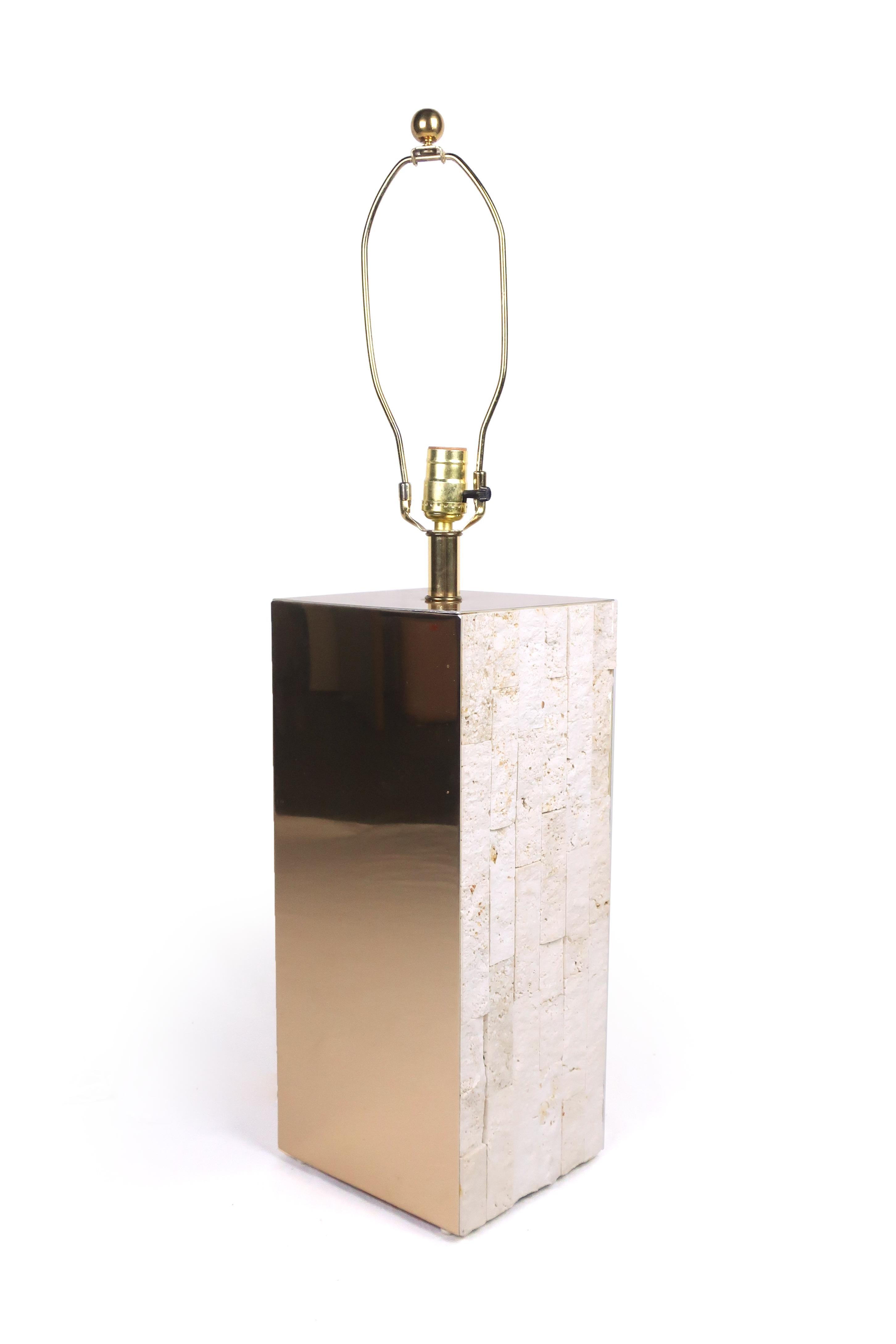 1970s Italian Modern Brass and Travertine Table Lamp In Good Condition In Brooklyn, NY