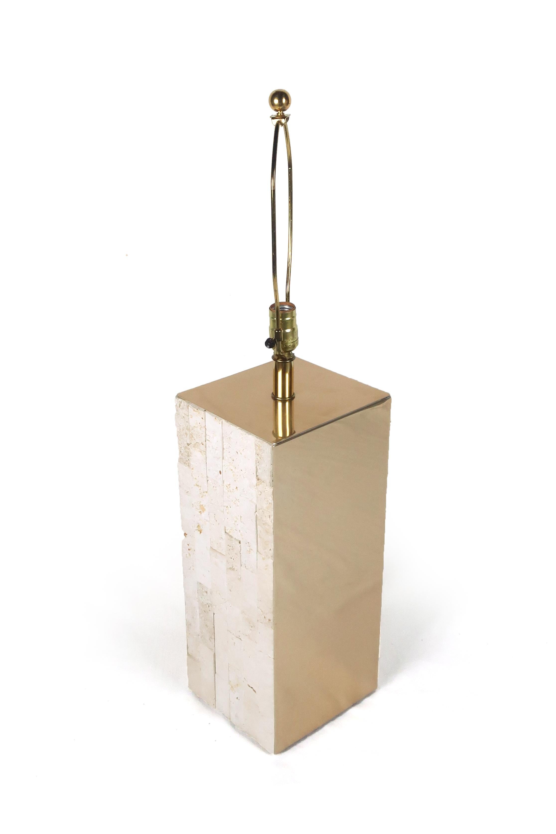 1970s Italian Modern Brass and Travertine Table Lamp 1
