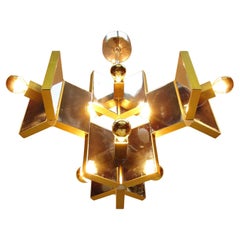 1970s Italian Modern Geometric Chandelier In Chrome 
Brass By Gaetano Sciolari