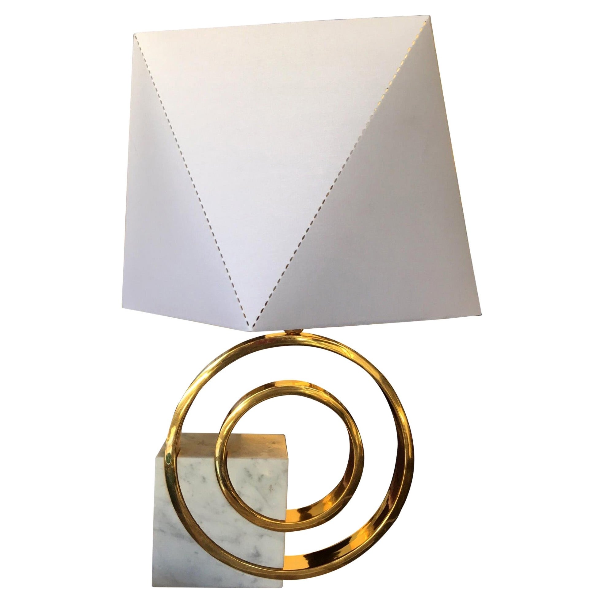 1970s Italian Modern Lamp in Brass & Marble Custom Shade by Giovanni Banci