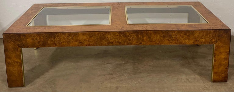 1970s Italian Modern Milo Baughman Style Burl and Brass Inlaid Coffee Table For Sale 3